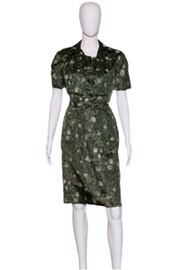 1960's Green Floral Two Piece Dress and Bolero Set Size S
