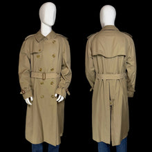 Load image into Gallery viewer, A classic Burberry double-breasted trench coat in khaki beige, shown from both the front and back on a white mannequin. The coat features a belted waist, shoulder epaulets, and button closures.
