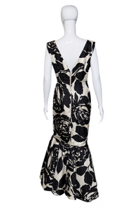 1960's Black and White Rose Print Mermaid Gown Size M