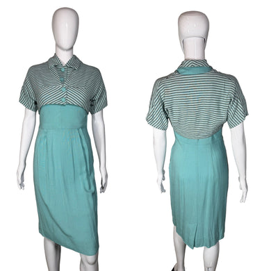 aqua dress with striped  on bolero on a mannequin against a neutral background