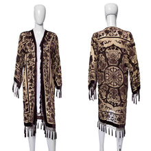 Load image into Gallery viewer, 1990&#39;s Andrade Beige and Purple Cut Velvet and Beaded Fringe Detail Duster
