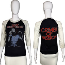Load image into Gallery viewer, Black baseball shirt with Pat Benatar graphic and 'Crimes of Passion' text on a mannequin.
