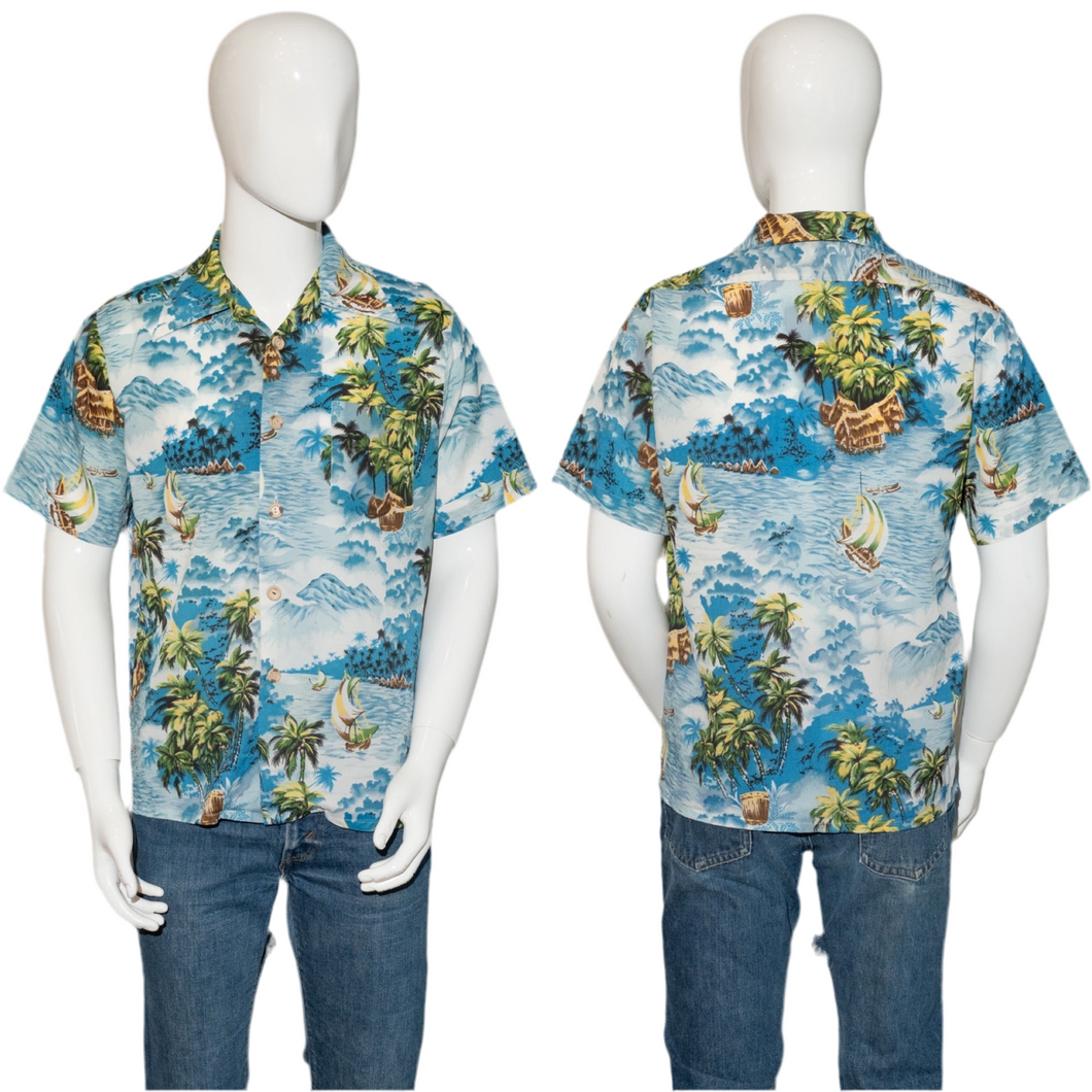 1980's Blue and Green Hawaiian Shirt Size M/L