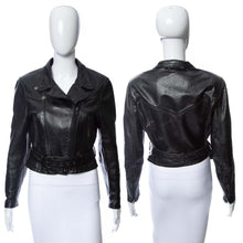 Load image into Gallery viewer, 1980&#39;s Falcon Drospo Black Cropped Leather Moto Jacket Size S
