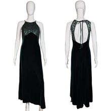 Load image into Gallery viewer, Dark green evening gown on a mannequin against a plain background

