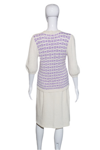 1940's Cream and Lilac Knit Skirt and Sweater Set - Size M