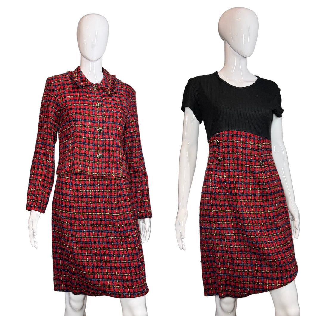 1990's Red Plaid Tweed Dress and Jacket Duo - Size M