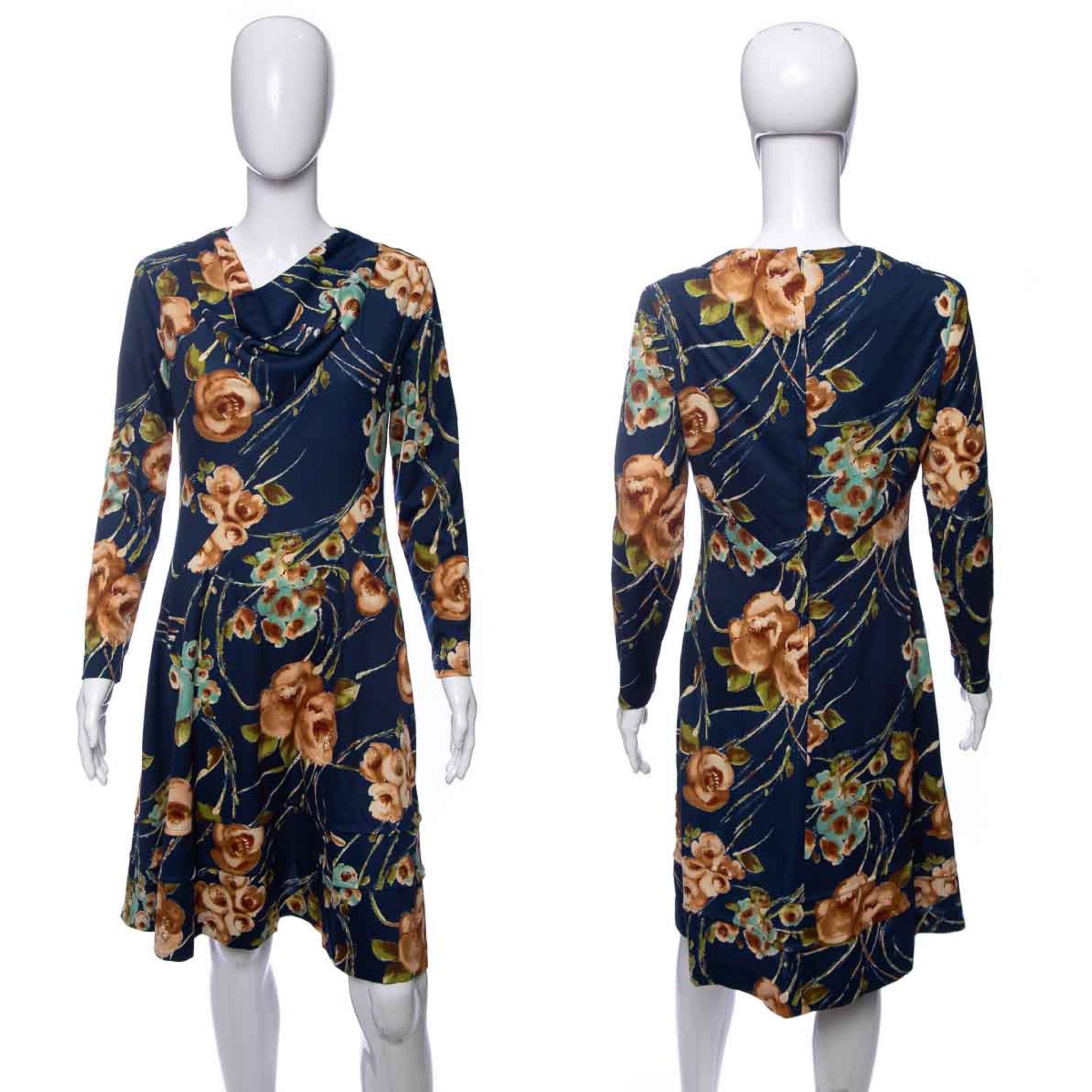 1970 s Edith Flagg Navy Floral Printed Long Sleeve Dress Size M Antique Sugar