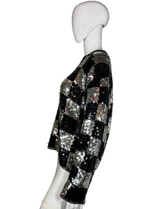 1980's Silver and Black Checkered Sequin Sweater - Size M/L