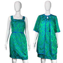 Load image into Gallery viewer, 1960's Green and Blue Cocktail Dress and Jacket Set Size M
