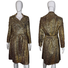 Load image into Gallery viewer, Gold sequin trench coat on a mannequin against a plain background
