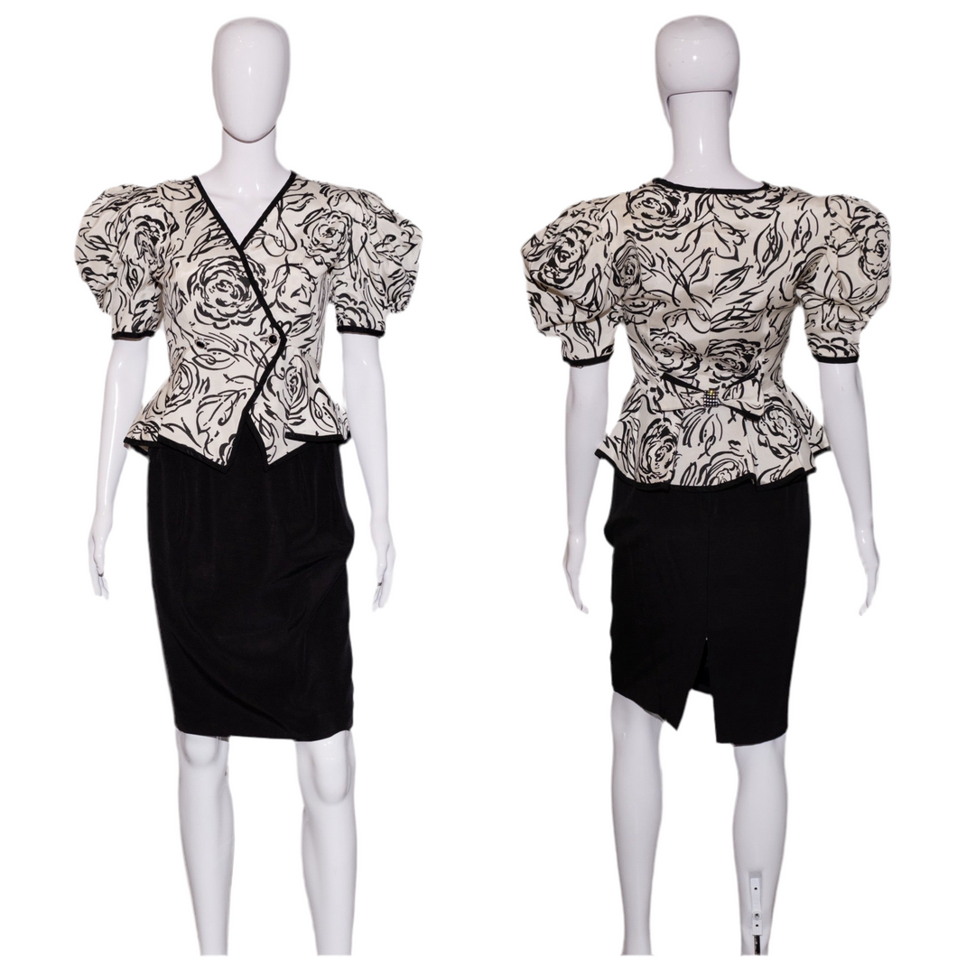 1980's Sassy Black and White Skirt Suit Size S
