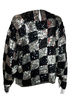 1980's Silver and Black Checkered Sequin Sweater - Size M/L