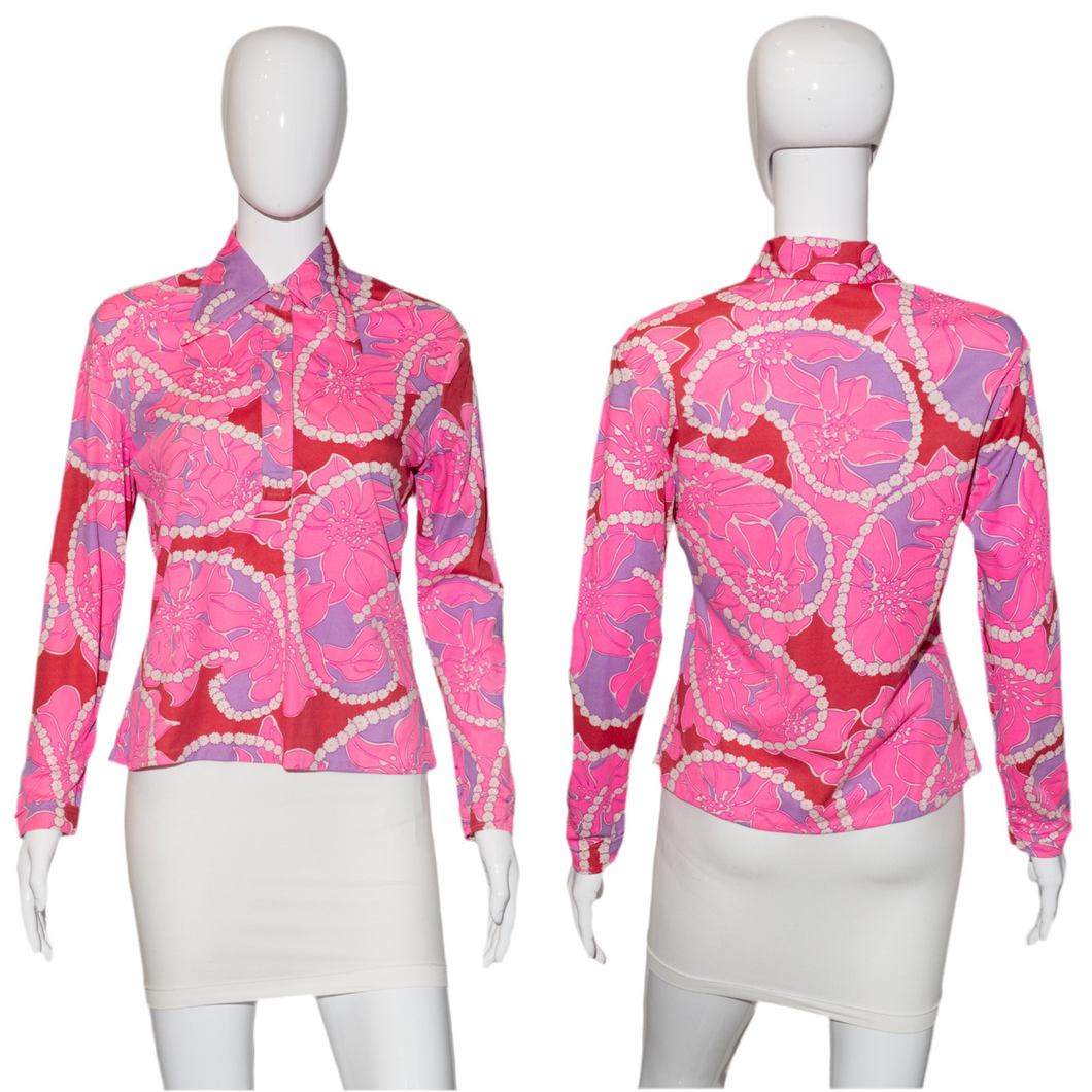 1970's Pink and Red Psychedelic Floral Blouse Size S/M