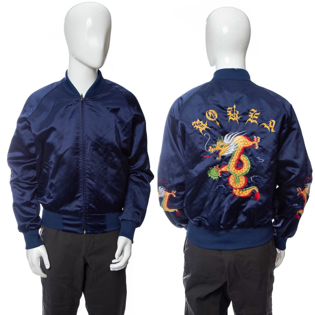 1980's Navy and Multicolor Embroidered Dragon Motif Bomber Jacket Size L