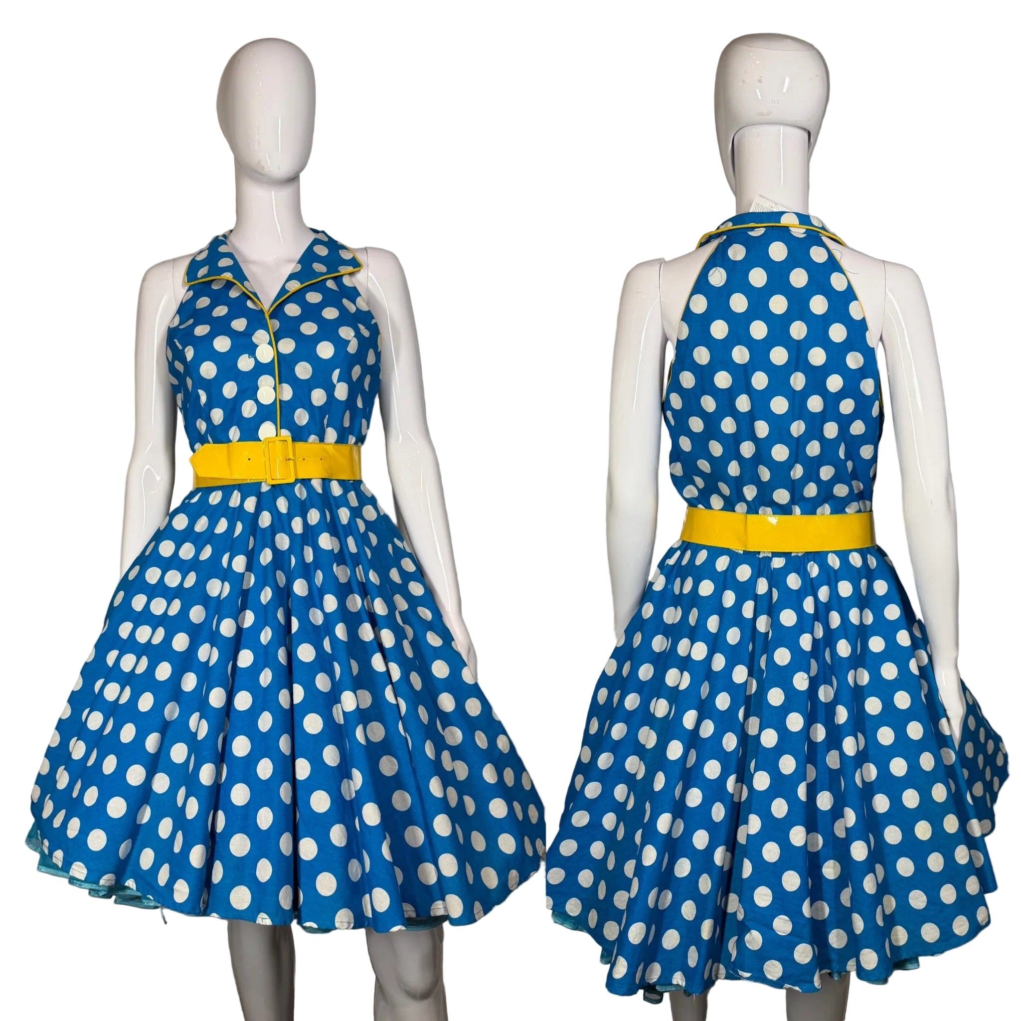 1980's Blue and White Polka Dot Halter Dress