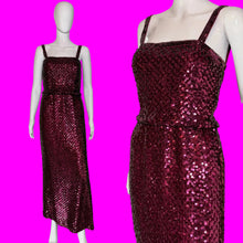 Load image into Gallery viewer, A sleeveless sequined dress displayed on a white mannequin, shown in a full-length view on the left and a close-up view on the right. The dress is covered in deep magenta-pink sequins with thin shoulder straps and a fitted waist.
