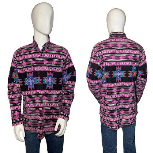 Mannequin wearing a patterned shirt with a front and back view on a plain background