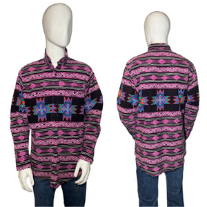 Mannequin wearing a patterned shirt with a front and back view on a plain background