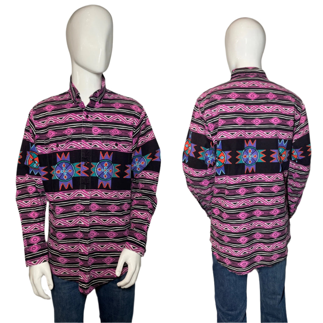Mannequin wearing a patterned shirt with a front and back view on a plain background