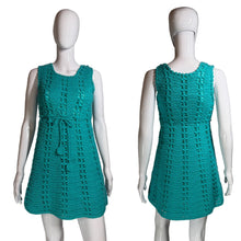 Load image into Gallery viewer, Teal crochet dress on a mannequin against a neutral background.
