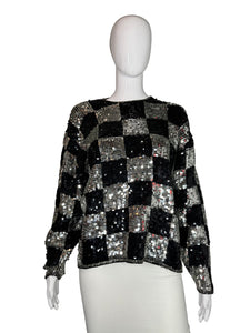1980's Silver and Black Checkered Sequin Sweater - Size M/L