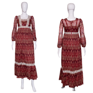1970's Sheer Maroon and Tan Paisley Prairie Maxi Dress Size S