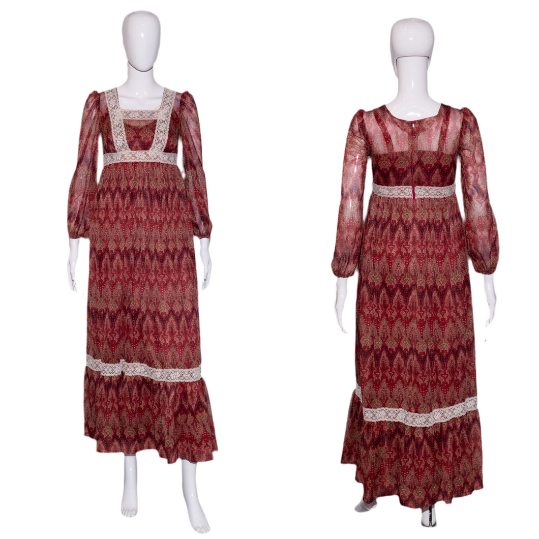 1970's Sheer Maroon and Tan Paisley Prairie Maxi Dress Size S