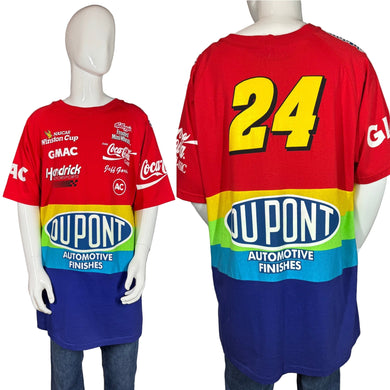 Front and back of a tshirt with colorful sponsor logos on a white background