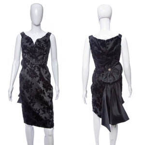 1950's Black Satin and Velvet Floral Brocade Helga Cocktail Dress Size S