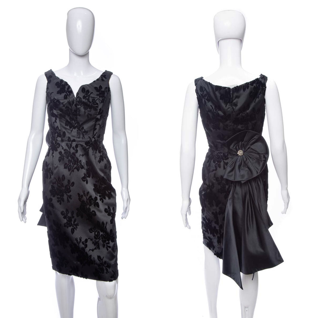 1950's Black Satin and Velvet Floral Brocade Helga Cocktail Dress Size S