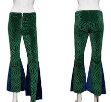 Load image into Gallery viewer, Green and blue patterned bell-bottom pants on mannequins against a plain background
