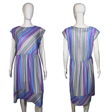 Load image into Gallery viewer, Front and back views of a purple and gray striped dress against a white background.
