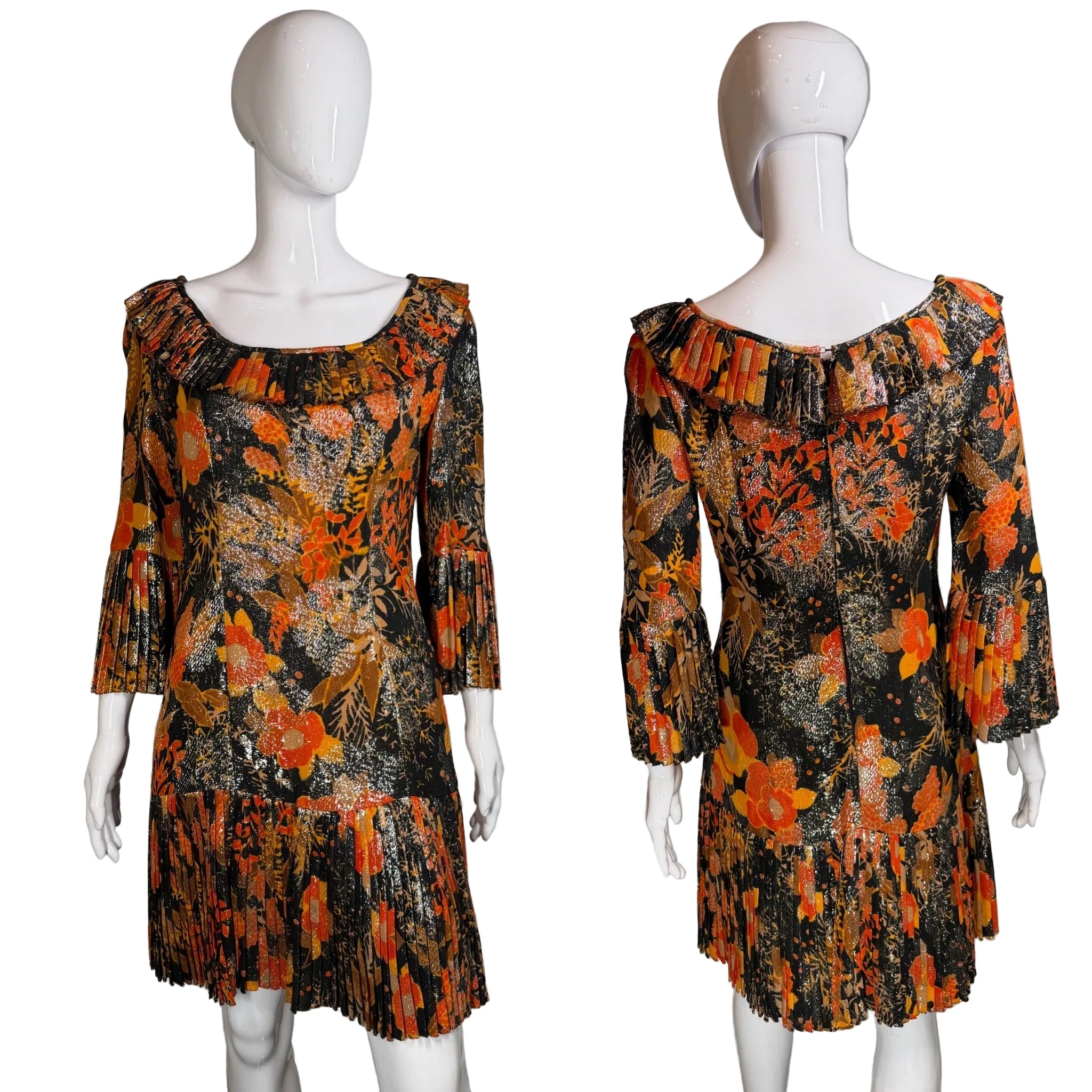 1960's Orange and Black Floral Glitter Lame' Dress