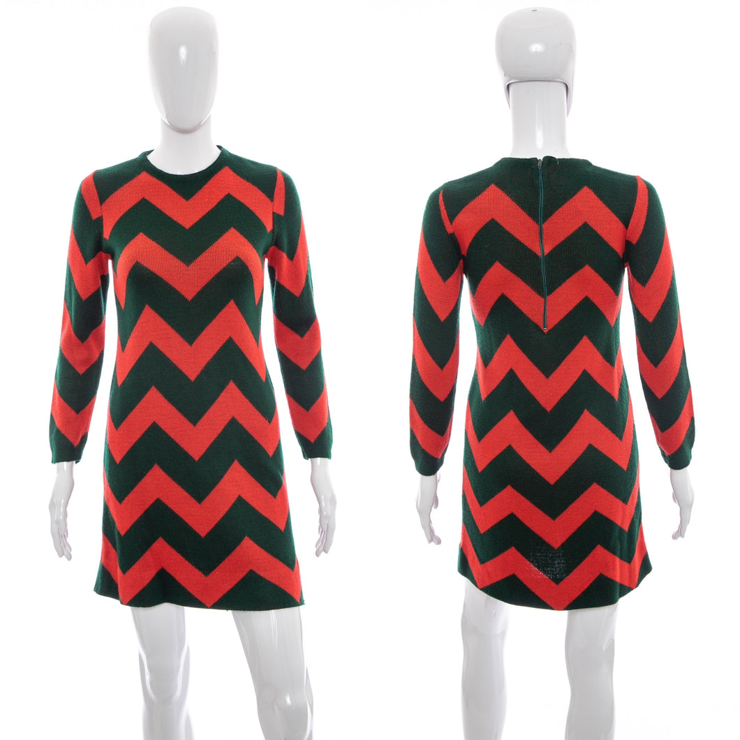 1960's Silverworm Red and Green Chevron Dress Size S Antique Sugar 1960's Silverworm Red and Green Chevron Dress Size S Antique Sugar