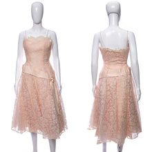Load image into Gallery viewer, 1950&#39;s Pink Floral Lace and Satin Sash Detail Midi Party Dress Size XS
