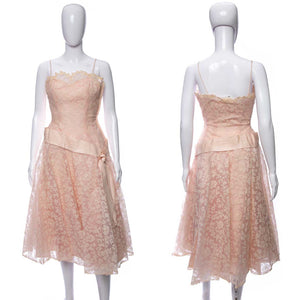 1950's Pink Floral Lace and Satin Sash Detail Midi Party Dress Size XS