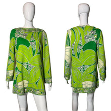 Load image into Gallery viewer, Green and white patterned dress on a mannequin against a plain background
