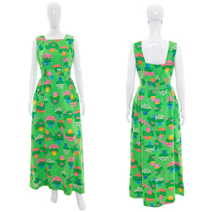 1970's Montgomery Ward Green Floral Print Maxi Dress Size S/M