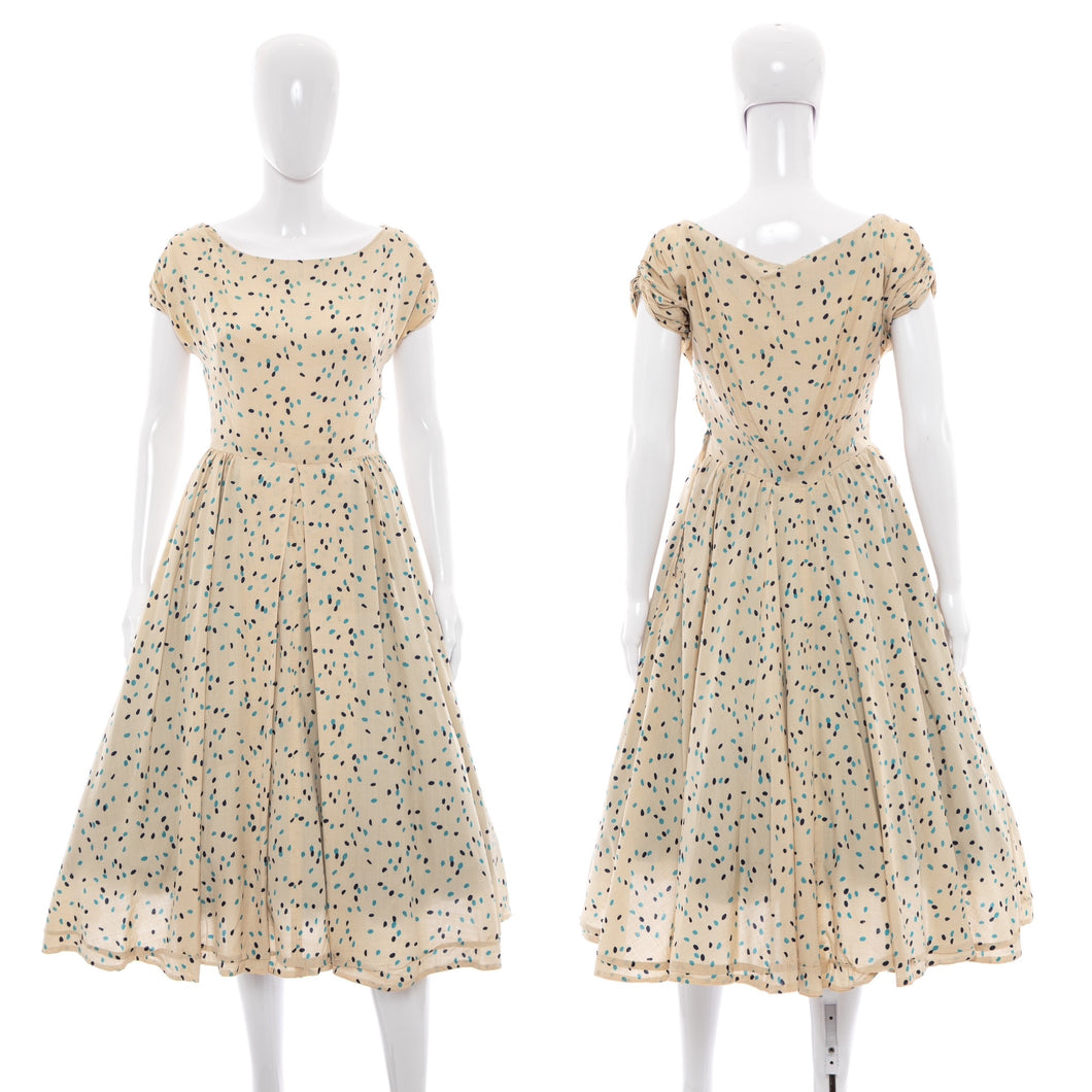 1950's Cream and Blue Polka Dot Day Dress Size S