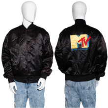 Load image into Gallery viewer, Black satin jacket with MTV logo on a mannequin against a white background
