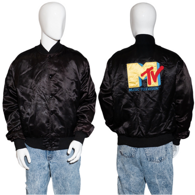 Black satin jacket with MTV logo on a mannequin against a white background