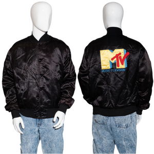 Black satin jacket with MTV logo on a mannequin against a white background