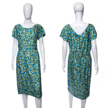 Load image into Gallery viewer, 1950&#39;s Blue and Green Floral Print Silk Cocktail Dress Size XL

