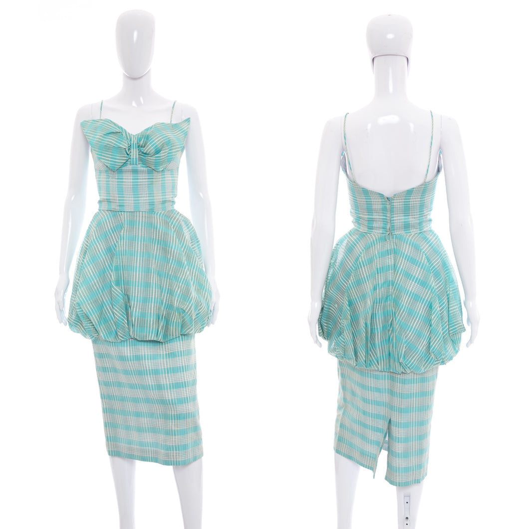 1950's Lilli Diamond Aqua and White Plaid Peplum Cocktail Dress Size s