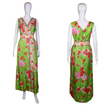 Load image into Gallery viewer, 1970&#39;s Green and Pink Wrap Style Floral Maxi Dress Size S/M
