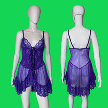 Load image into Gallery viewer, A purple lace and mesh babydoll lingerie dress displayed on a white mannequin, showing both the front and back views.
