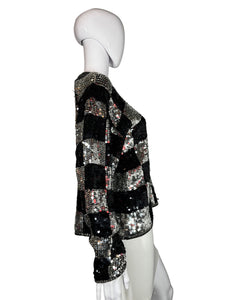 1980's Silver and Black Checkered Sequin Sweater - Size M/L