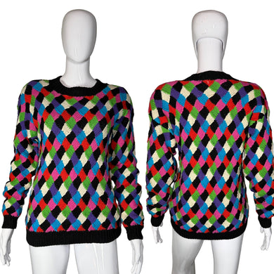 Colorful diamond pattern sweater on a mannequin with front and back views.