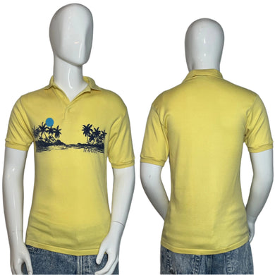 Yellow polo shirt with a graphic design on a mannequin against a white background
